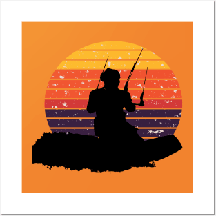 Kitesurfer Surfing The Wave Artistic Silhouette Retro Sunset Posters and Art